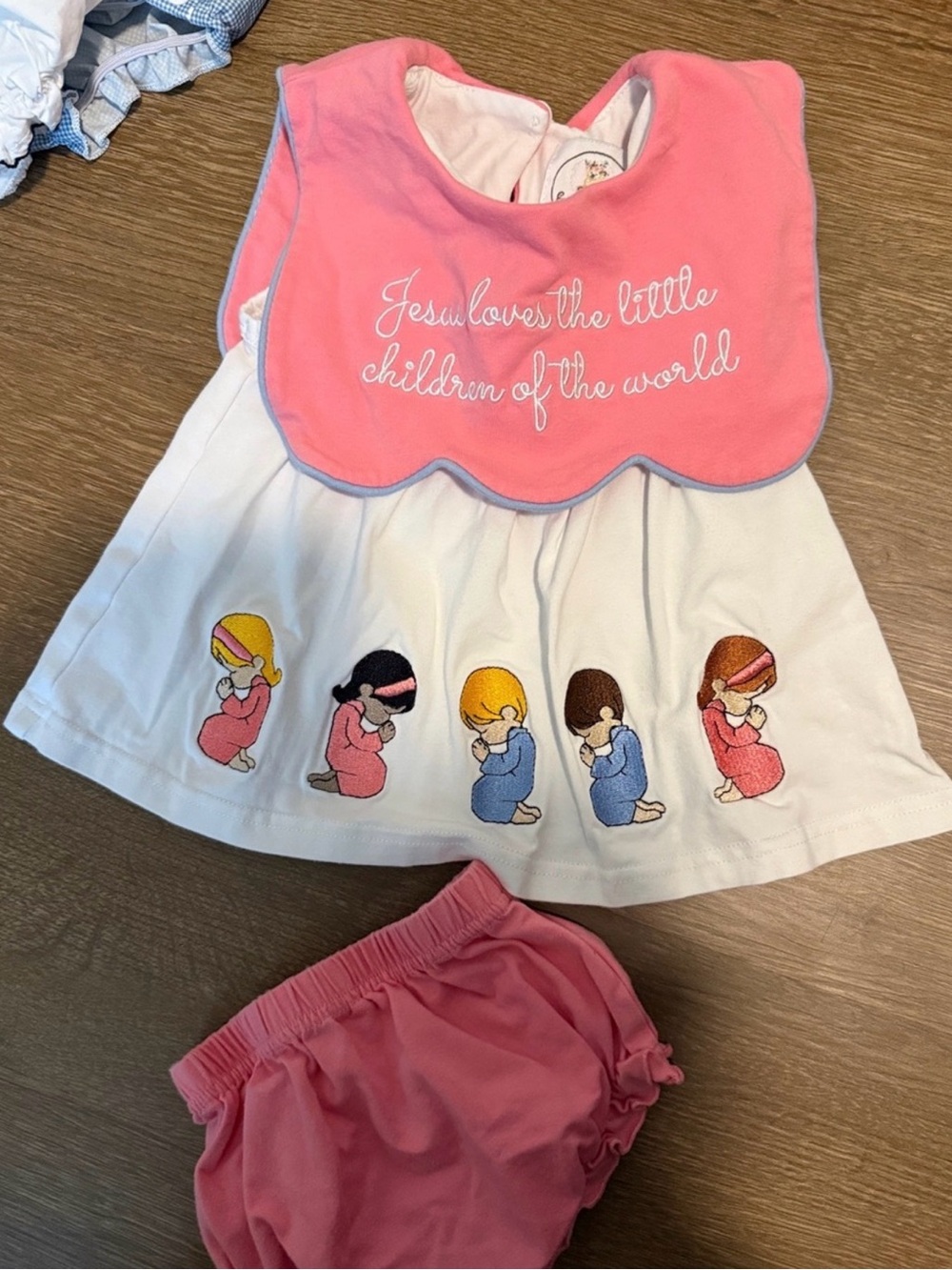 Pink & White Embroidered Prayer Bib Dress Set for Girls 6-12m